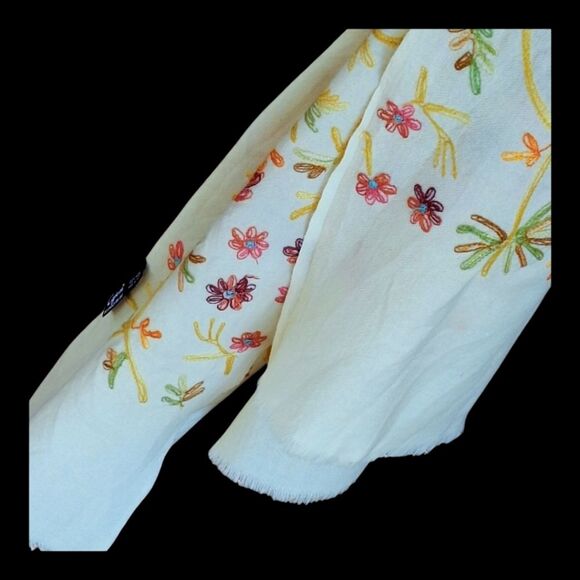 Boho Embroidered Wool Scarf Colorful Floral Cream Raw Edges Large 70 Long x 20 - Picture 12 of 12
